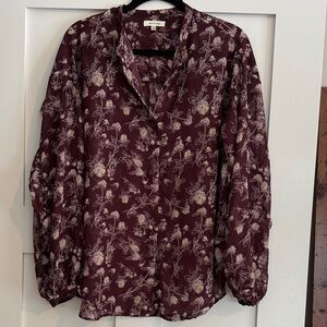 Max Studio Button Up Floral Plum Blouse with sleeve detail